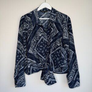 Simply Vera Wang Knot Front Navy Blue Paisely Shirt